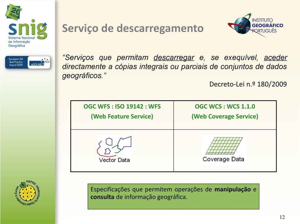 º 180/2009 OGC WFS : ISO 19142 : WFS (Web Feature Service) OGC WCS : WCS 1.1.0 (Web Coverage