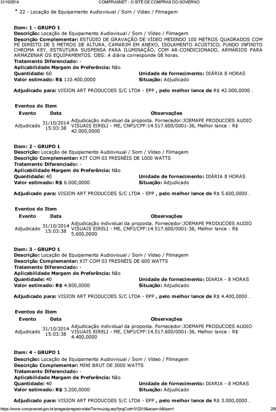 OBS: A diária corresponde 08 horas. Quantidade: 60 Unidade de fornecimento: DIÁRIA 8 HORAS Valor estimado: R$ 110.