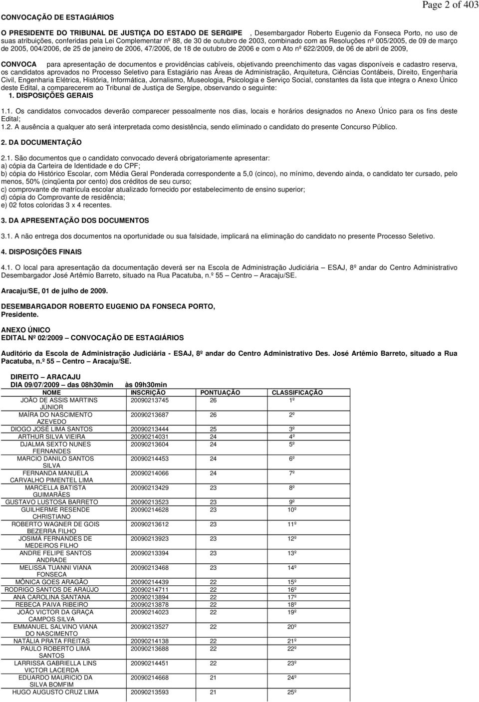 622/2009, de 06 de abril de 2009, CONVOCA para apresentação de documentos e providências cabíveis, objetivando preenchimento das vagas disponíveis e cadastro reserva, os candidatos aprovados no