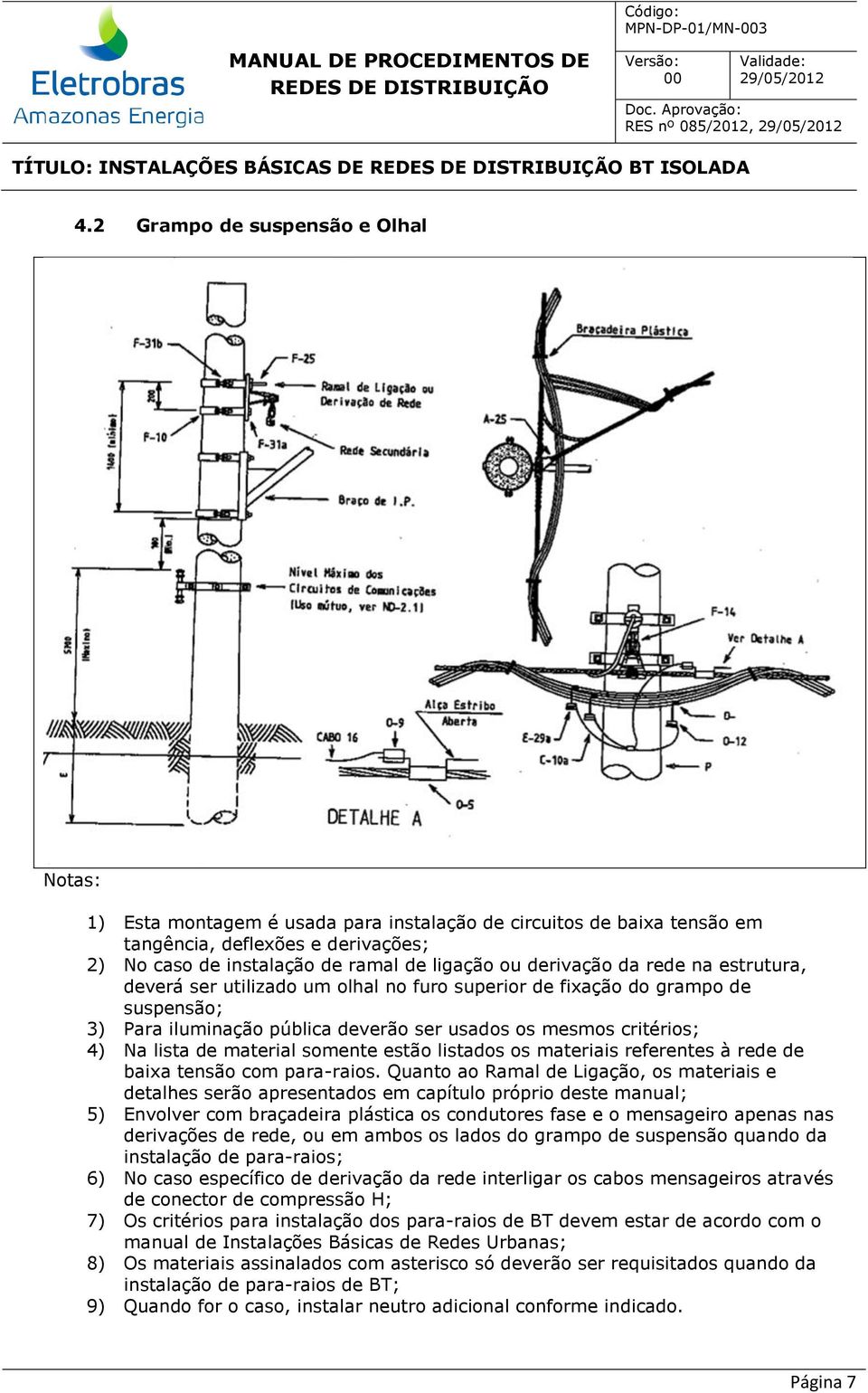 derivação da rede na estrutura, deverá ser utilizado um olhal no furo superior de fixação do grampo de suspensão; 3) Para iluminação pública deverão ser usados os mesmos critérios; 4) Na lista de