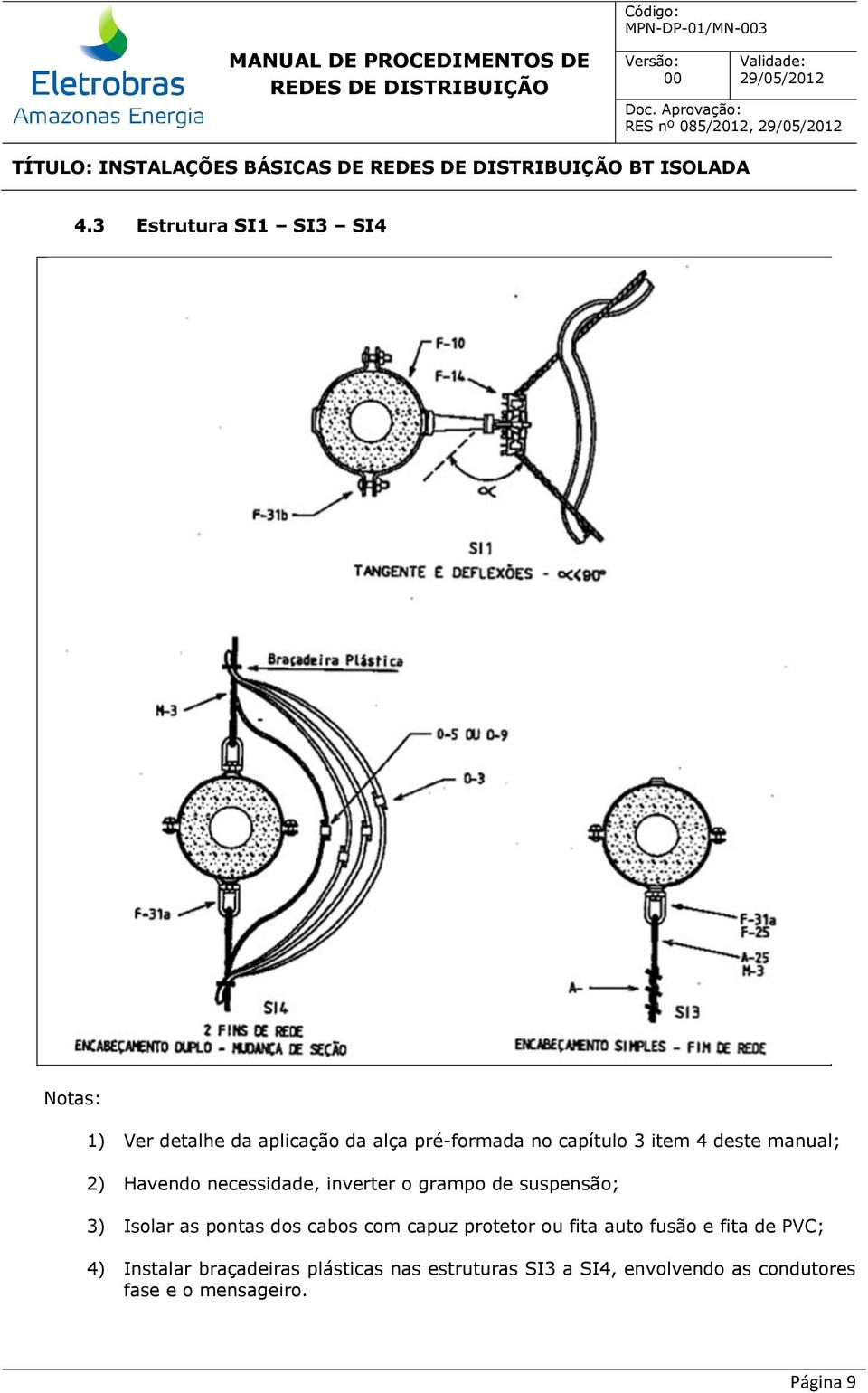 manual; 2) Havendo necessidade, inverter o grampo de suspensão; 3) Isolar as pontas dos cabos com capuz