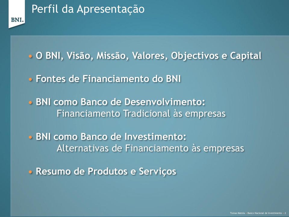 Tradicional às empresas BNI como Banco de Investimento: Alternativas de