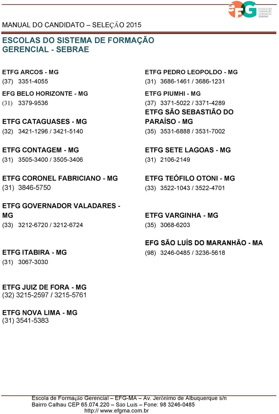 (31) 2106-2149 ETFG CORONEL FABRICIANO - MG ETFG TEÓFILO OTONI - MG (31) 3846-5750 (33) 3522-1043 / 3522-4701 ETFG GOVERNADOR VALADARES - MG ETFG VARGINHA - MG (33) 3212-6720 / 3212-6724 (35)