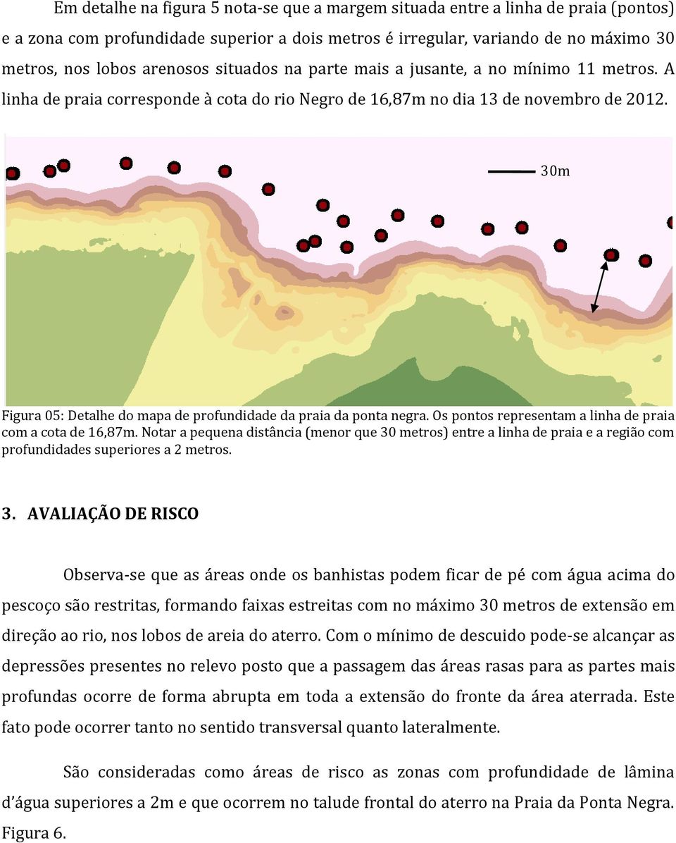 30m Figura 05: Detalhe do mapa de profundidade da praia da ponta negra. Os pontos representam a linha de praia com a cota de 16,87m.