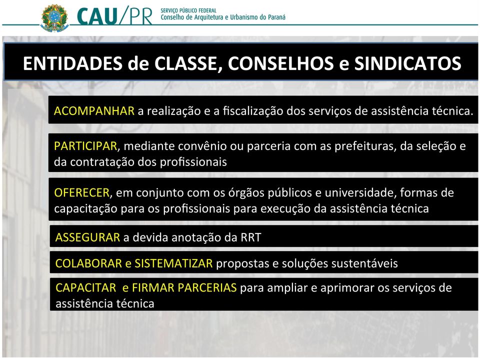 órgãos públicos e universidade, formas de capacitação para os profissionais para execução da assistência técnica ASSEGURAR a devida