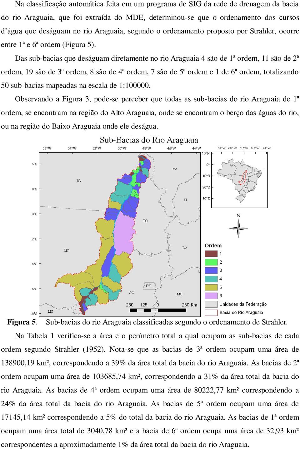 Das sub-bacias que deságuam diretamente no rio Araguaia 4 são de 1ª ordem, 11 são de 2ª ordem, 19 são de 3ª ordem, 8 são de 4ª ordem, 7 são de 5ª ordem e 1 de 6ª ordem, totalizando 50 sub-bacias