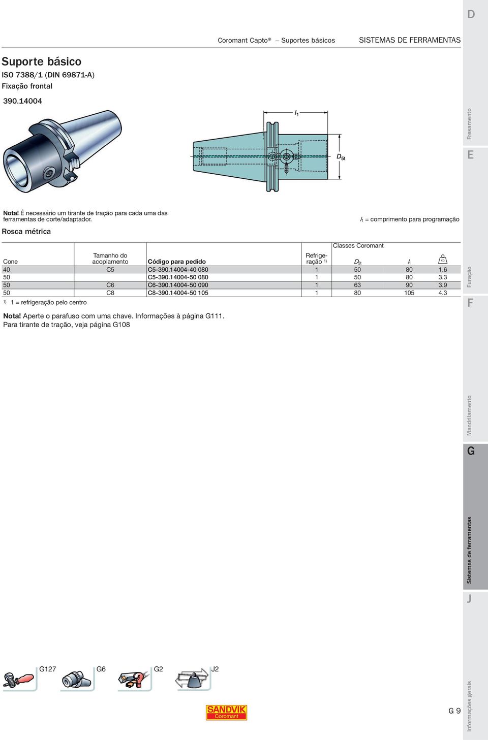 Rosca métrica l 1 = comprimento para programação Classes Coromant Cone acoplamento Código para pedido Refrigeração D 5t 1 l U 40 C5 C5-390.14004-40 080 1 50 80 1.