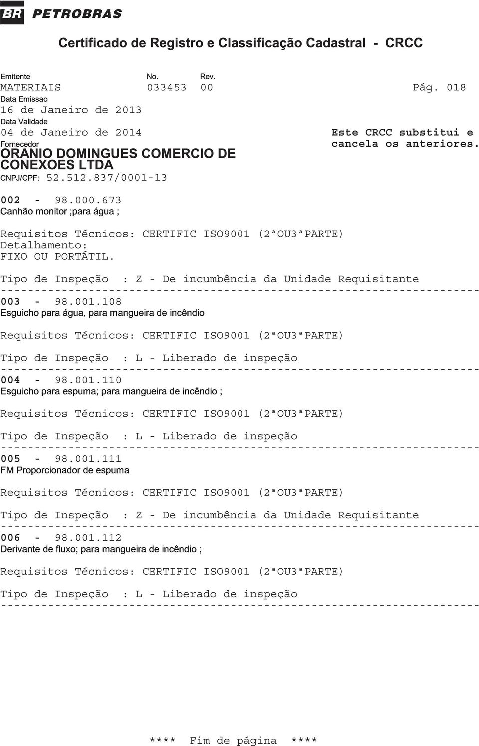 Tipo de Inspeção : Z - De incumbência da Unidade Requisitante