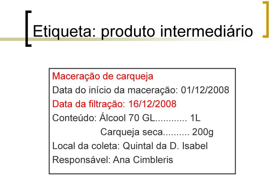 16/12/2008 Conteúdo: Álcool 70 GL... 1L Carqueja seca.