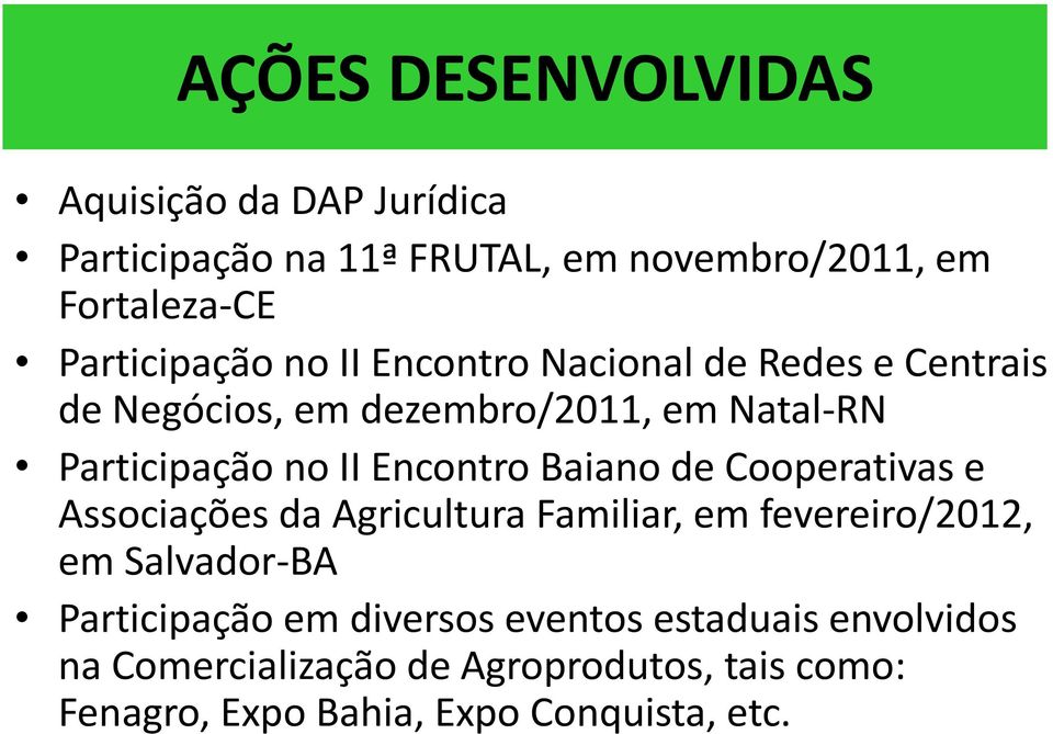 Encontro Baiano de Cooperativas e Associações da Agricultura Familiar, em fevereiro/2012, em Salvador-BA Participação