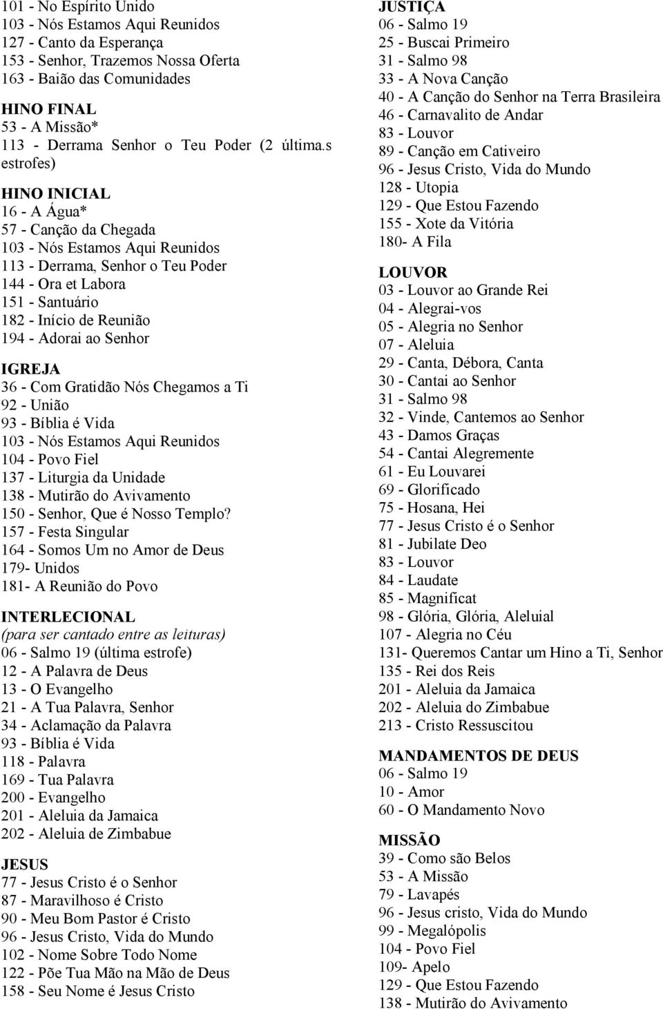 s estrofes) HINO INICIAL 16 - A Água* 57 - Canção da Chegada 103 - Nós Estamos Aqui Reunidos 113 - Derrama, Senhor o Teu Poder 144 - Ora et Labora 151 - Santuário 182 - Início de Reunião 194 - Adorai