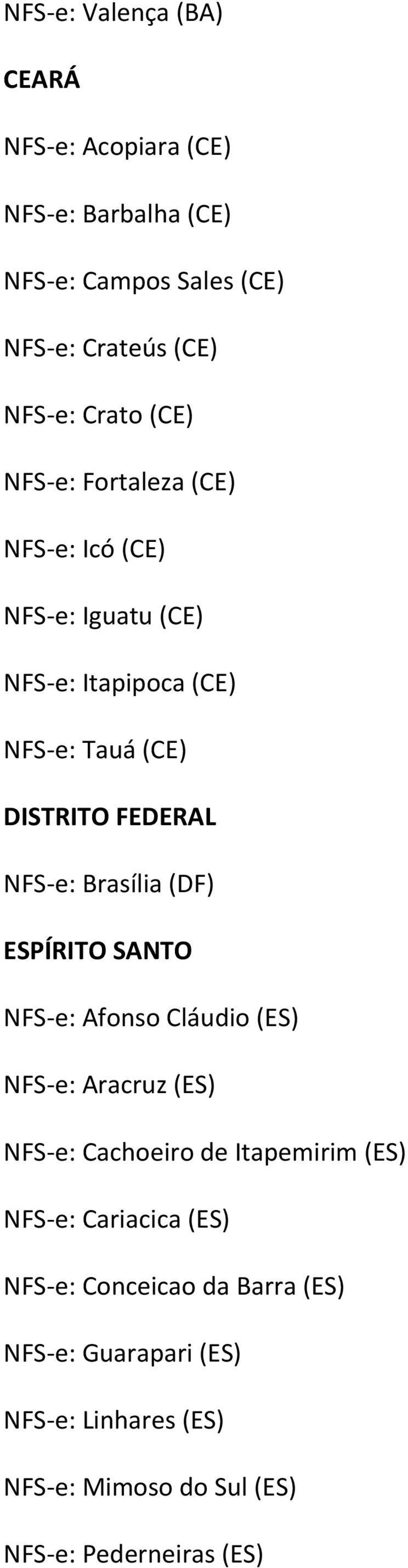 Brasília (DF) ESPÍRITO SANTO NFS e: Afonso Cláudio (ES) NFS e: Aracruz (ES) NFS e: Cachoeiro de Itapemirim (ES) NFS e: