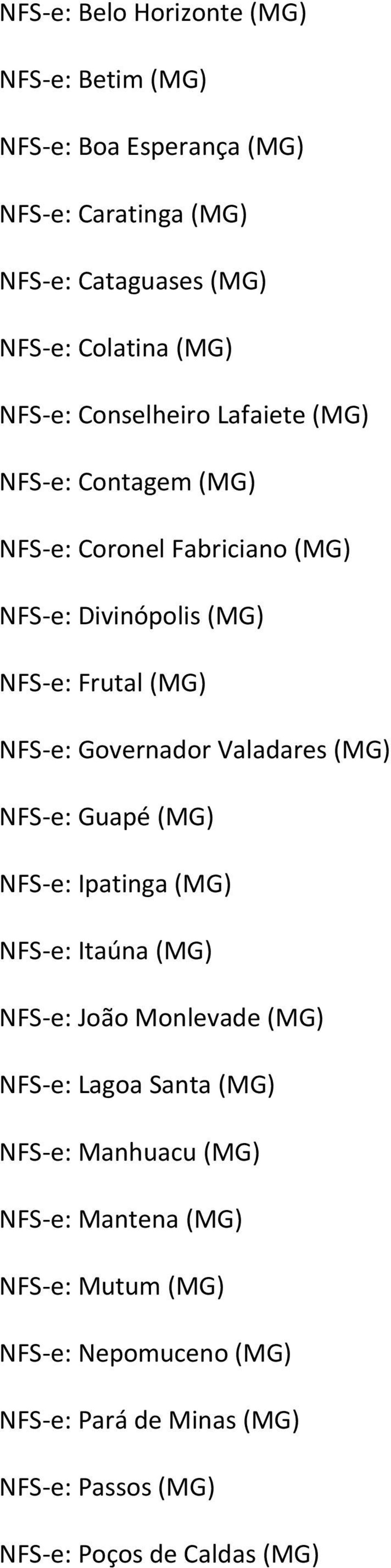 Governador Valadares (MG) NFS e: Guapé (MG) NFS e: Ipatinga (MG) NFS e: Itaúna (MG) NFS e: João Monlevade (MG) NFS e: Lagoa Santa (MG) NFS