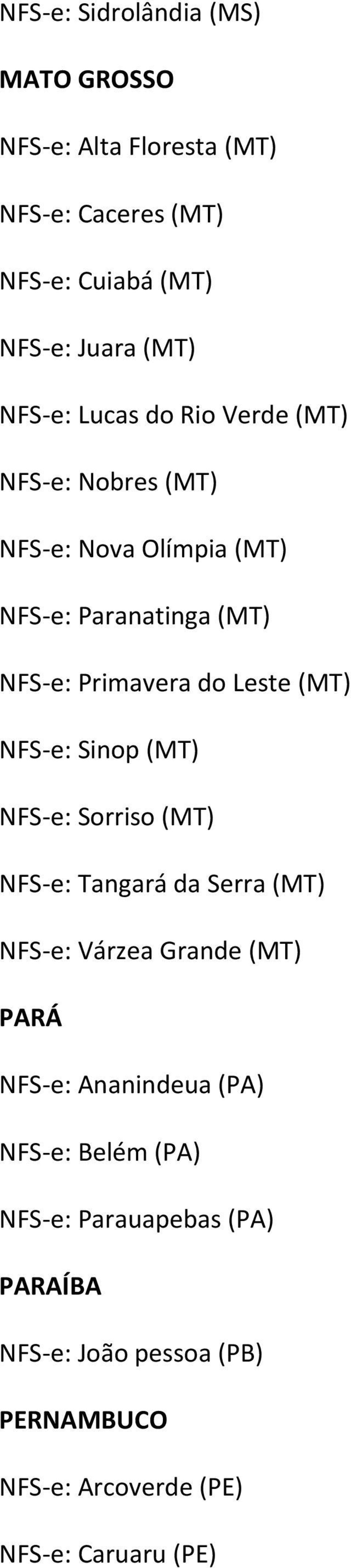 (MT) NFS e: Sinop (MT) NFS e: Sorriso (MT) NFS e: Tangará da Serra (MT) NFS e: Várzea Grande (MT) PARÁ NFS e: Ananindeua