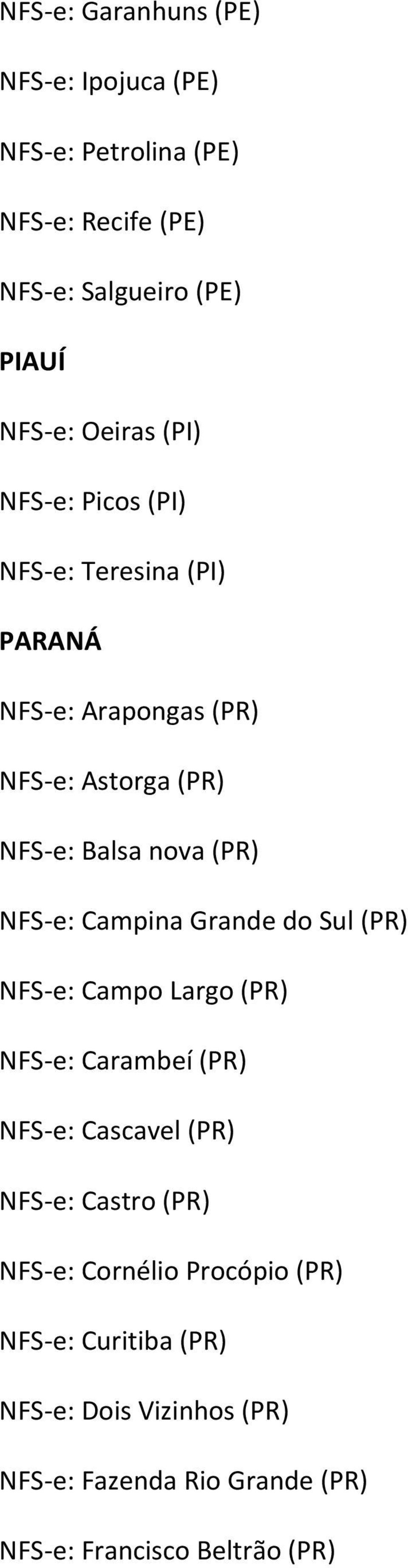 Campina Grande do Sul (PR) NFS e: Campo Largo (PR) NFS e: Carambeí (PR) NFS e: Cascavel (PR) NFS e: Castro (PR) NFS e: