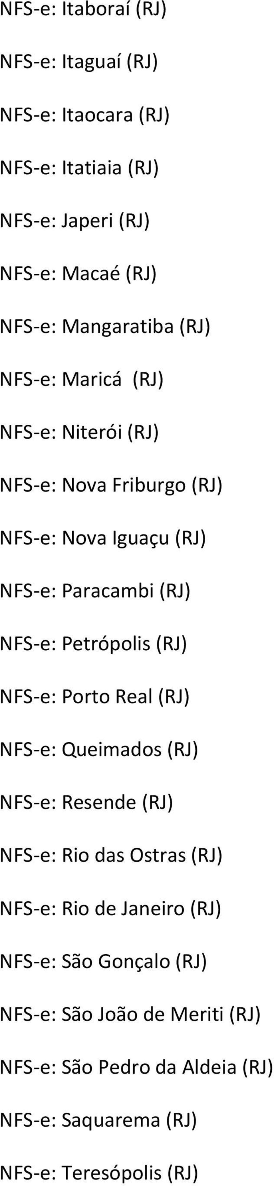 e: Petrópolis (RJ) NFS e: Porto Real (RJ) NFS e: Queimados (RJ) NFS e: Resende (RJ) NFS e: Rio das Ostras (RJ) NFS e: Rio de Janeiro