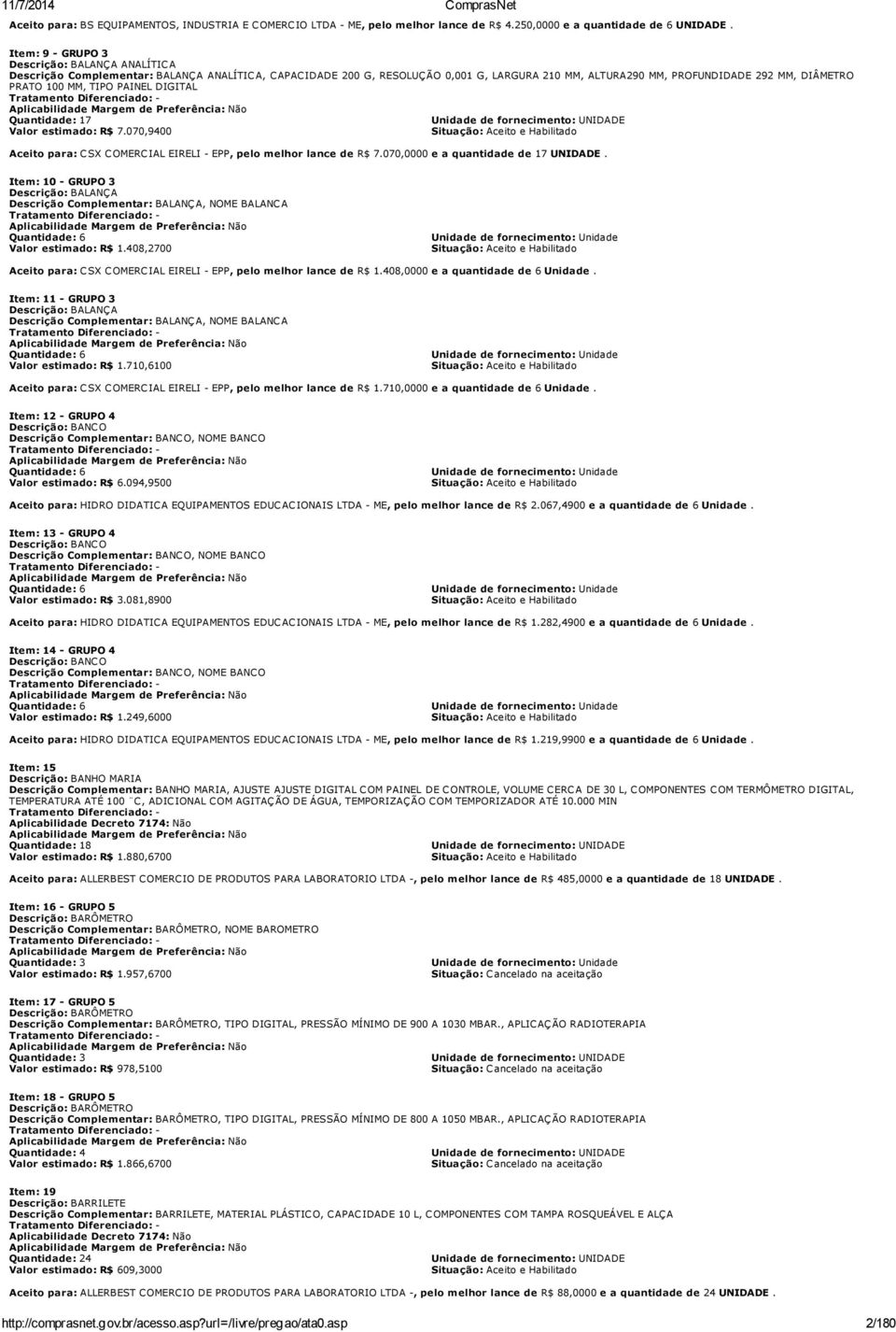 MM, TIPO PAINEL DIGITAL Quantidade: 17 Unidade de fornecimento: UNIDADE Valor estimado: R$ 7.070,9400 Situação: Aceito e Aceito para: CSX COMERCIAL EIRELI - EPP, pelo melhor lance de R$ 7.