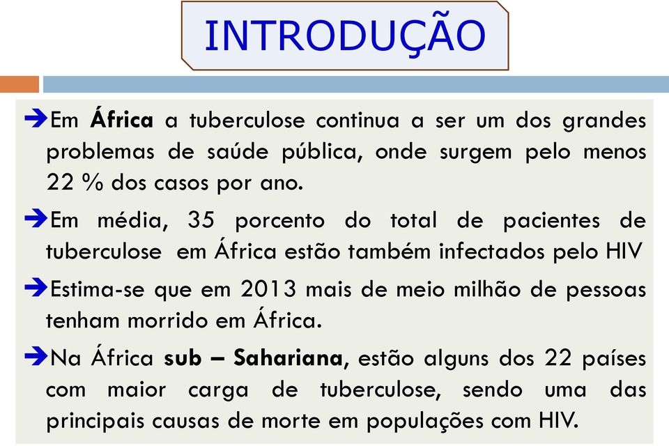 Em média, 35 porcento do total de pacientes de tuberculose em África estão também infectados pelo HIV Estima-se que