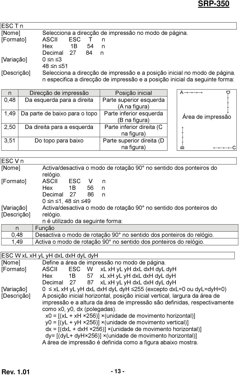 parte de baixo para o topo Parte inferior esquerda (B na figura) Área de impressão 2,50 Da direita para a esquerda Parte inferior direita (C na figura) 3,51 Do topo para baixo Parte superior direita