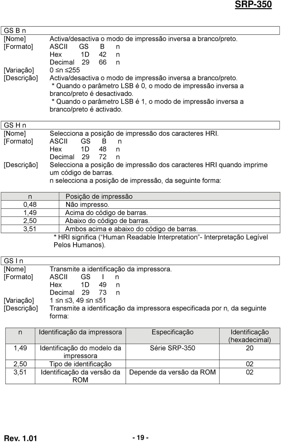 Selecciona a posição de impressão dos caracteres HRI. ASCII GS B n Hex 1D 48 n Decimal 29 72 n Selecciona a posição de impressão dos caracteres HRI quando imprime um código de barras.