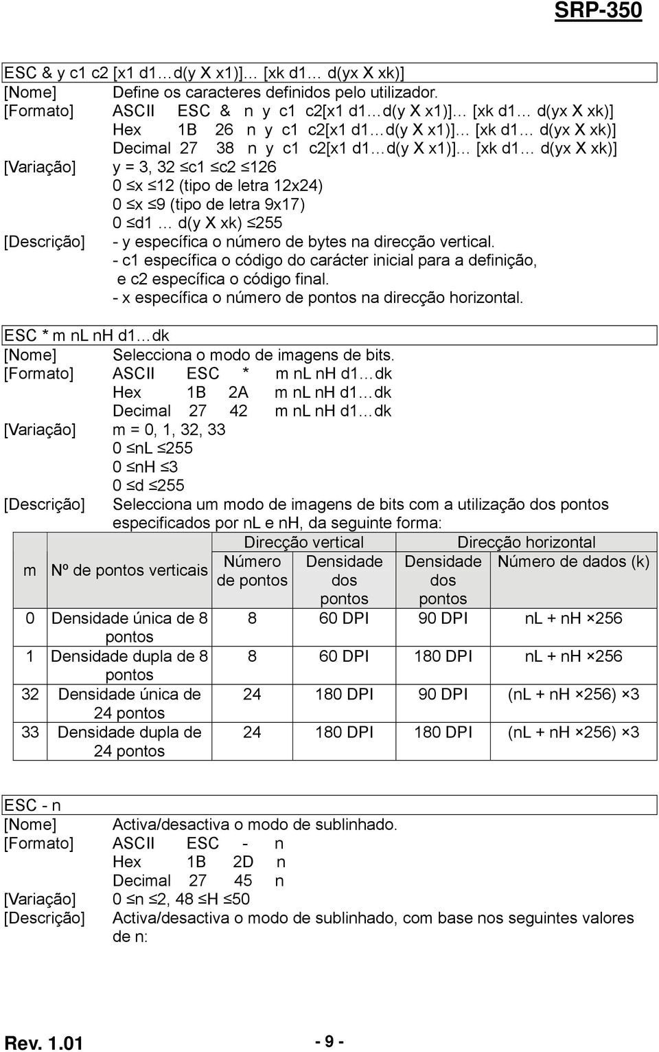 12 (tipo de letra 12x24) 0 x 9 (tipo de letra 9x17) 0 d1 d(y X xk) 255 - y específica o número de bytes na direcção vertical.