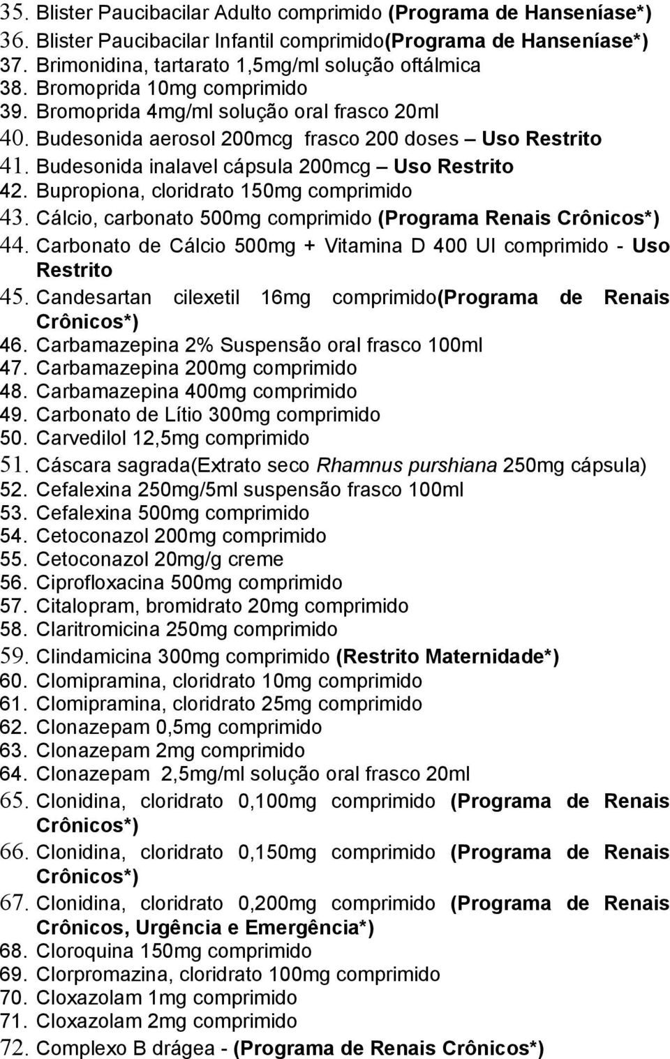 Bupropiona, cloridrato 150mg comprimido 43. Cálcio, carbonato 500mg comprimido (Programa Renais Crônicos*) 44. Carbonato de Cálcio 500mg + Vitamina D 400 UI comprimido - Uso Restrito 45.