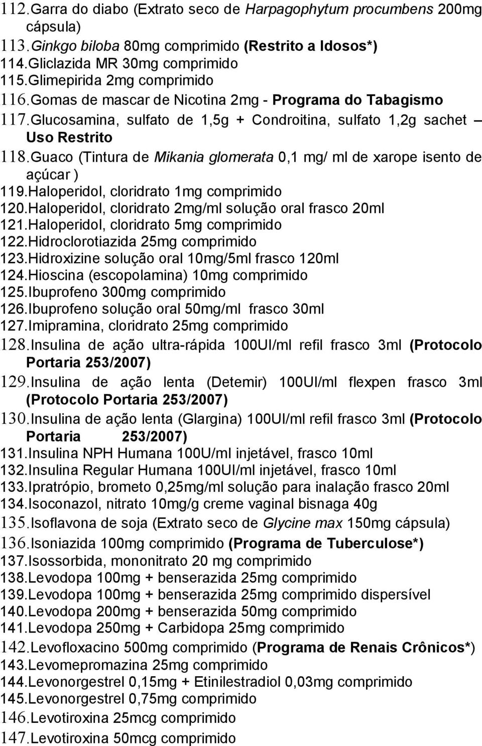 Guaco (Tintura de Mikania glomerata 0,1 mg/ ml de xarope isento de açúcar ) 119.Haloperidol, cloridrato 1mg comprimido 120.Haloperidol, cloridrato 2mg/ml solução oral frasco 20ml 121.