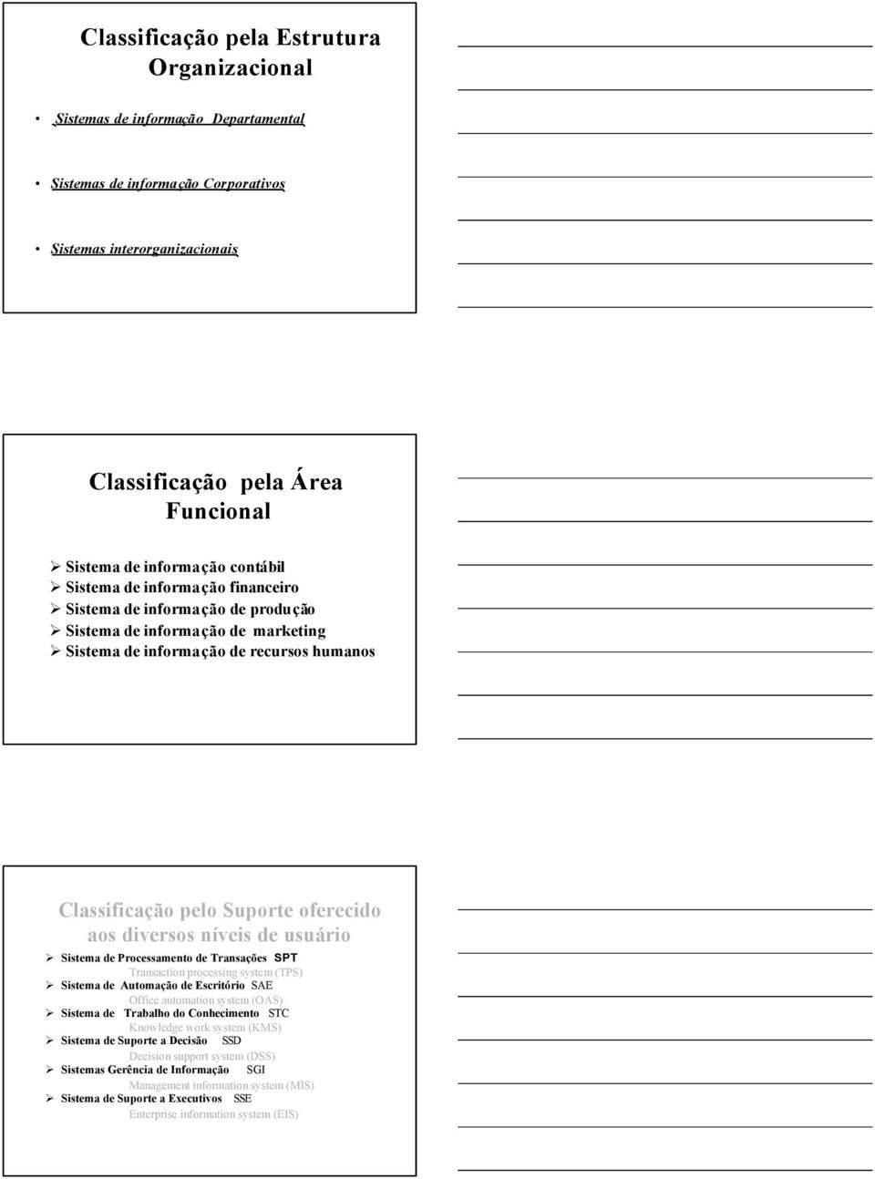 oferecido aos diversos níveis de usuário Sistema de Processamento de Transações SPT Transaction processing system (TPS) Sistema de Automação de Escritório SAE Office automation system (OAS) Sistema