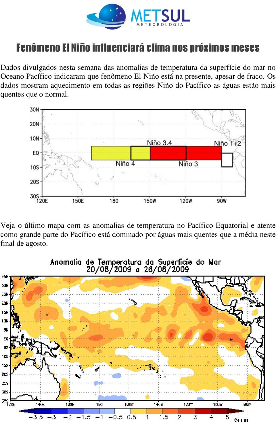 Os dados mostram aquecimento em todas as regiões Niño do Pacífico as águas estão mais quentes que o normal.