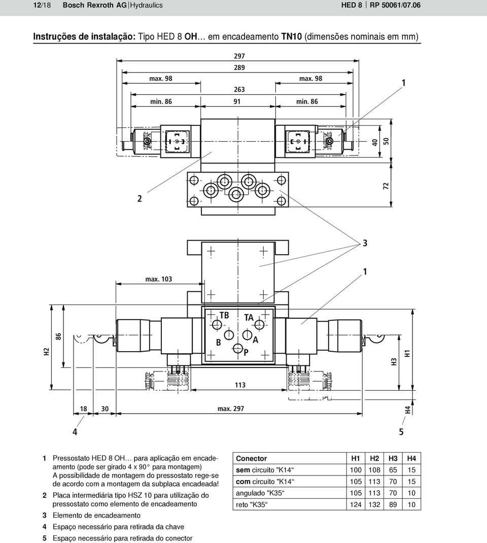 97 H 5 Pressostato HED 8 OH para aplicação em encadeamento (pode ser girado x 90 para montagem) A possibilidade de montagem do pressostato rege-se de acordo com a montagem da