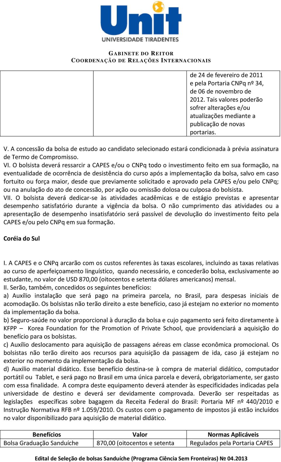 O bolsista deverá ressarcir a CAPES e/ou o CNPq todo o investimento feito em sua formação, na eventualidade de ocorrência de desistência do curso após a implementação da bolsa, salvo em caso fortuito