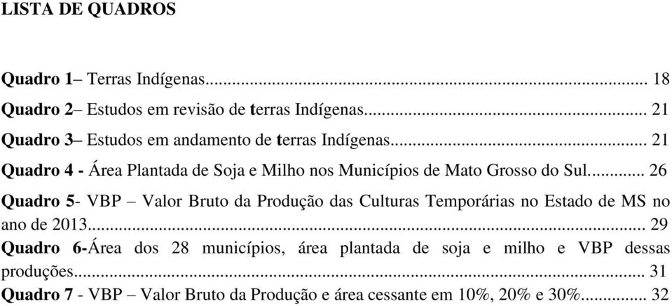 .. 21 Quadro 4 - Área Plantada de Soja e Milho nos Municípios de Mato Grosso do Sul.