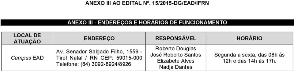 Campus EAD ENDEREÇO RESPONSÁVEL HORÁRIO Av.