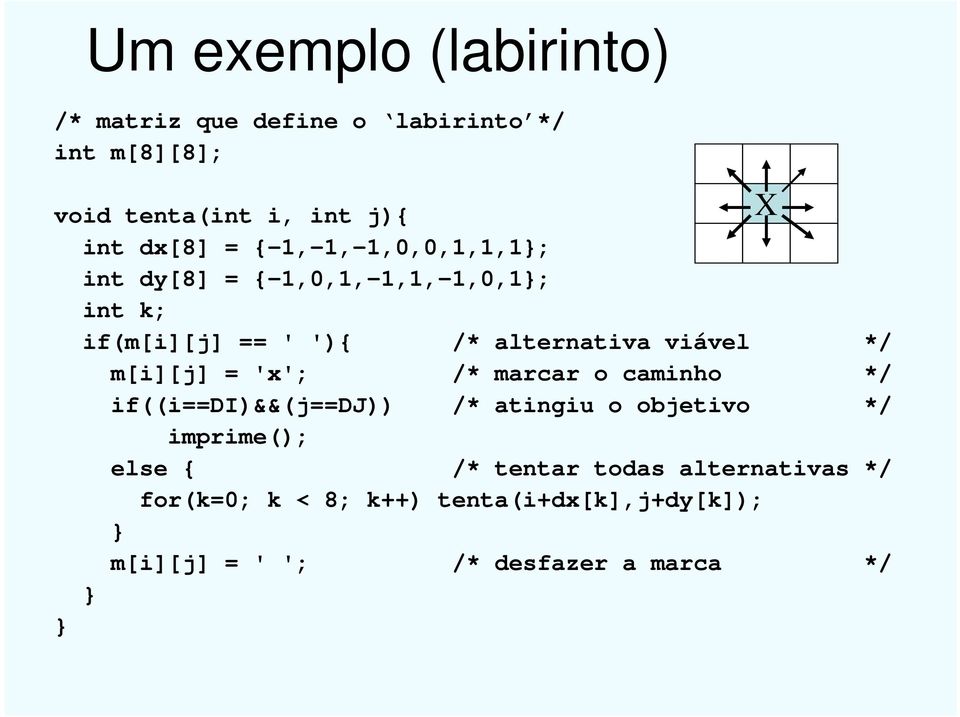 viável */ m[i][j] = 'x'; /* marcar o caminho */ if((i==di)&&(j==dj)) /* atingiu o objetivo */ imprime();