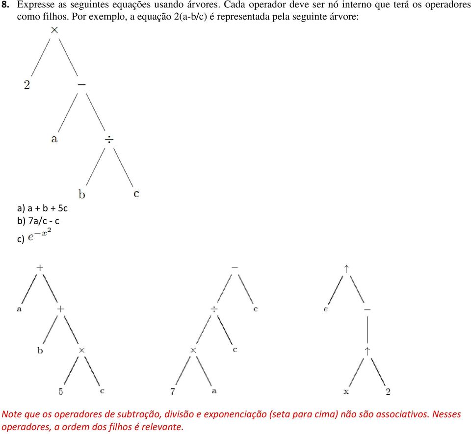 Por exemplo, a equação 2(a-b/c) é representada pela seguinte árvore: a) a + b + 5c b) 7a/c