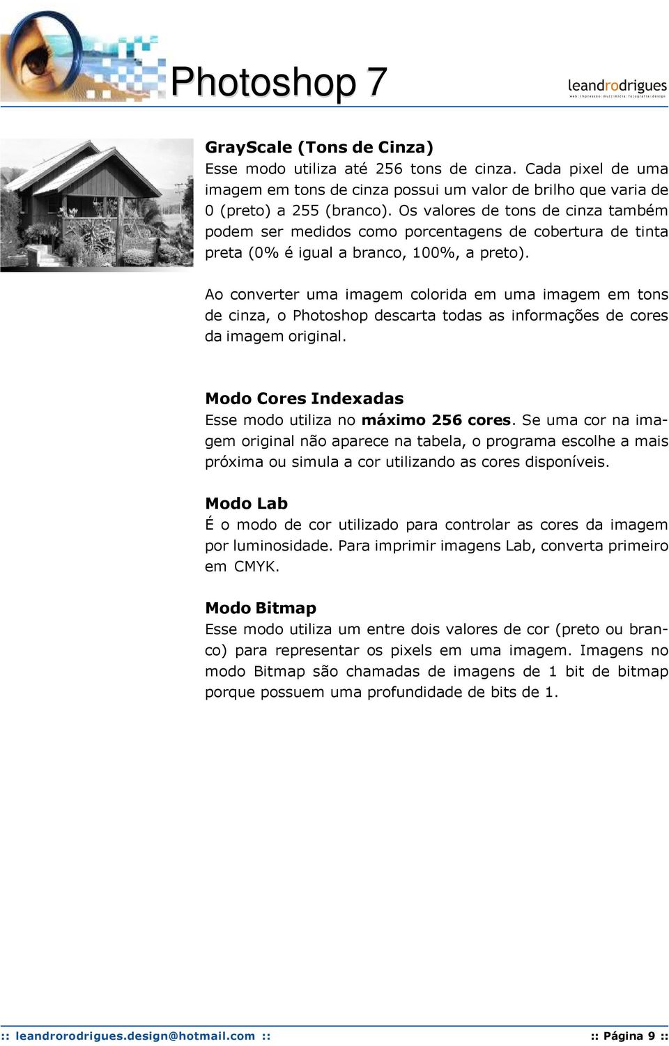 Ao converter uma imagem colorida em uma imagem em tons de cinza, o Photoshop descarta todas as informações de cores da imagem original. Modo Cores Indexadas Esse modo utiliza no máximo 256 cores.