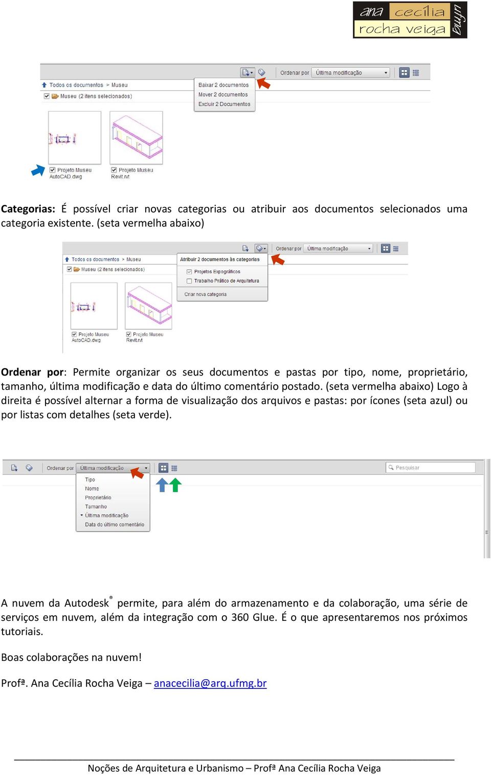 (seta vermelha abaixo) Logo à direita é possível alternar a forma de visualização dos arquivos e pastas: por ícones (seta azul) ou por listas com detalhes (seta verde).