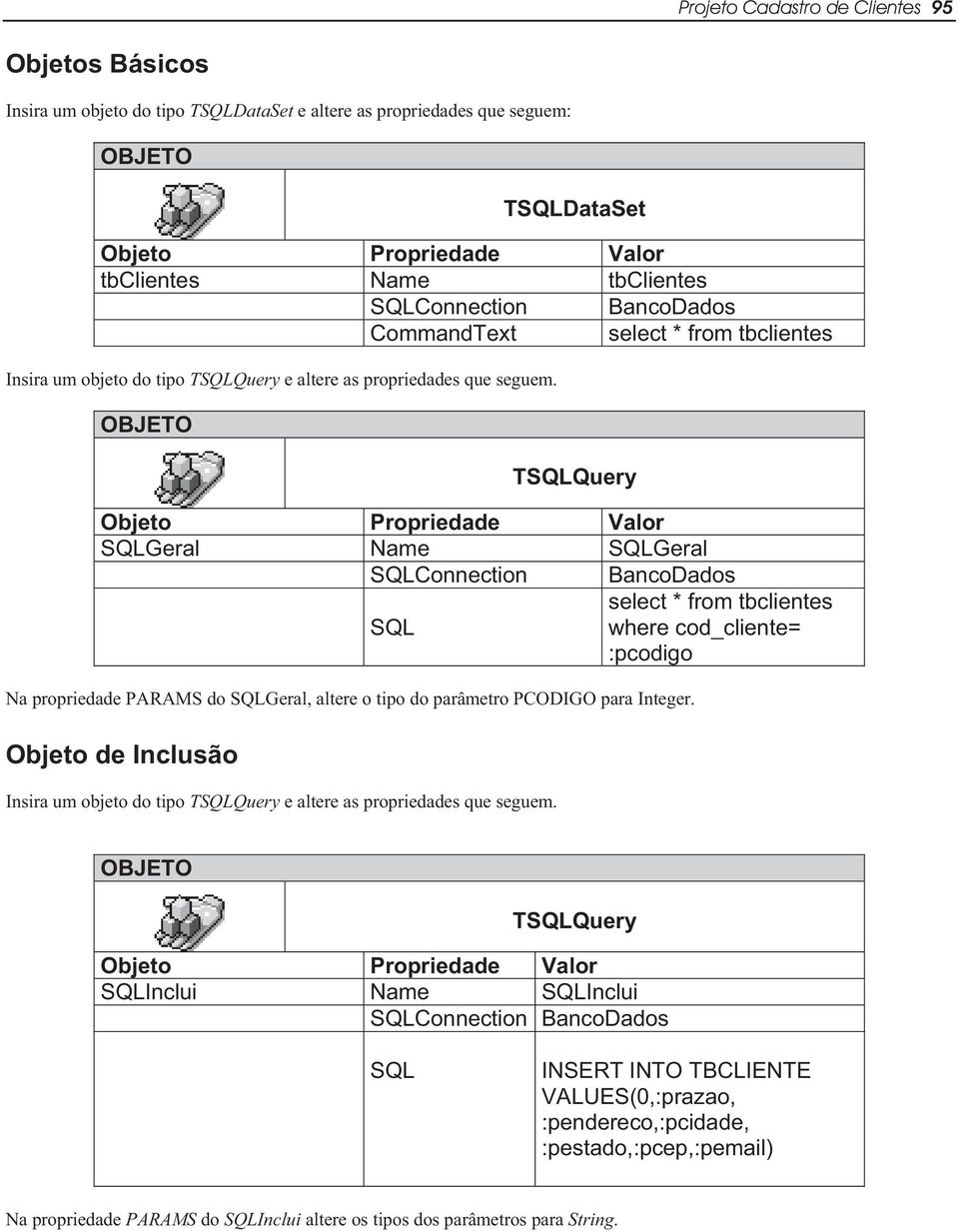 TSQLQuery SQLGeral Name SQLGeral SQLConnection BancoDados SQL select * from tbclientes where cod_cliente= :pcodigo Na propriedade PARAMS do SQLGeral, altere o tipo do parâmetro PCODIGO para Integer.