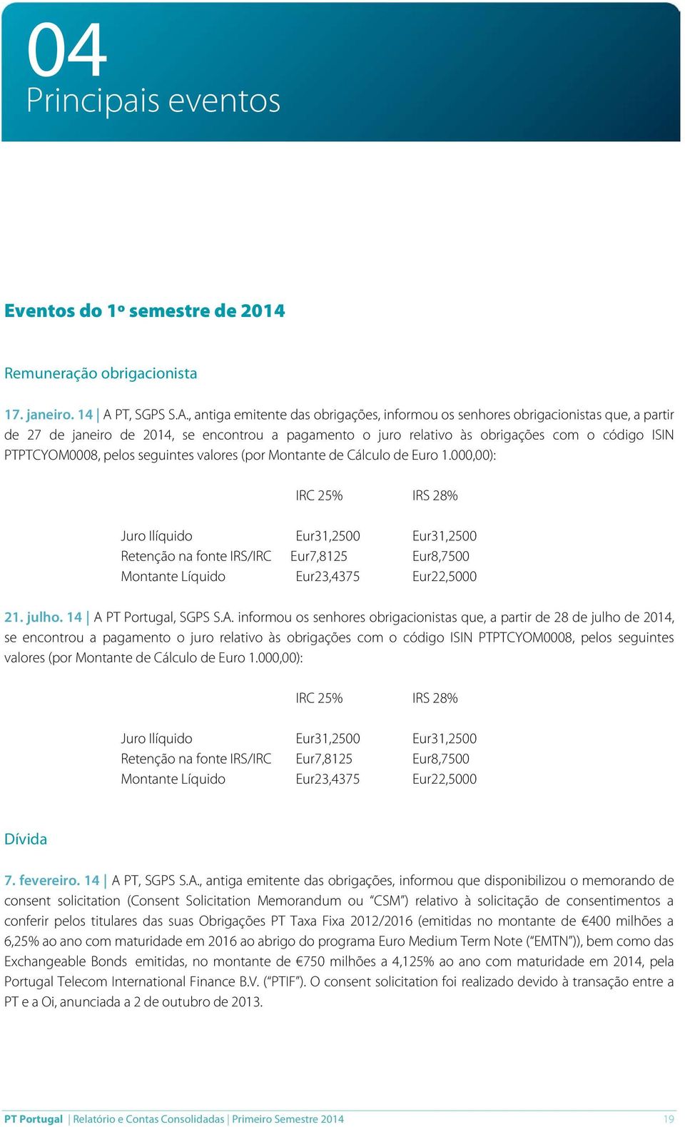 , antiga emitente das obrigações, informou os senhores obrigacionistas que, a partir de 27 de janeiro de 2014, se encontrou a pagamento o juro relativo às obrigações com o código ISIN PTPTCYOM0008,