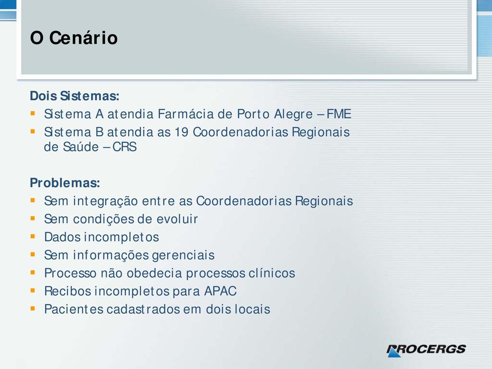 Regionais Sem condições de evoluir Dados incompletos Sem informações gerenciais Processo não