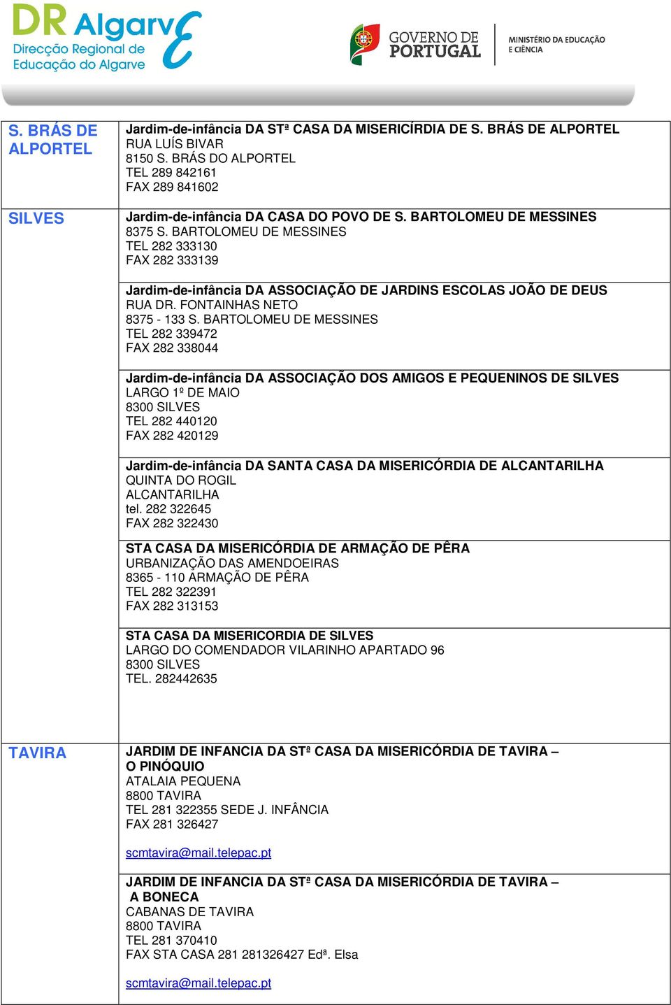 BARTOLOMEU DE MESSINES TEL 282 333130 FAX 282 333139 Jardim-de-infância DA ASSOCIAÇÃO DE JARDINS ESCOLAS JOÃO DE DEUS RUA DR. FONTAINHAS NETO 8375-133 S.