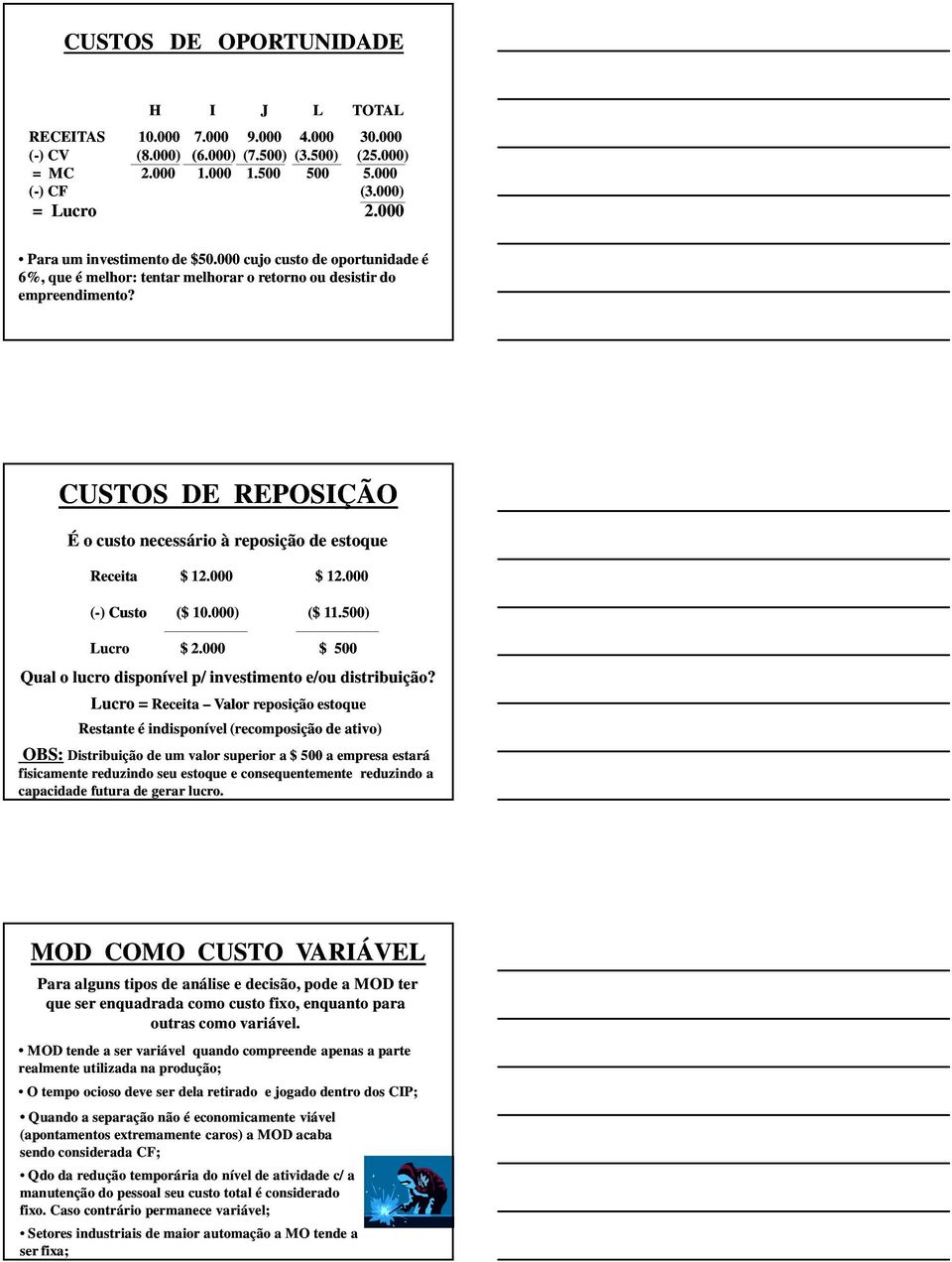 CUSTOS DE REPOSIÇÃO É o custo necessário à reposição de estoque Receita $ 12.000 $ 12.000 (-) Custo ($ 10.000) ($ 11.500) Lucro $ 2.000 $ 500 Qual o lucro disponível p/ investimento e/ou distribuição?