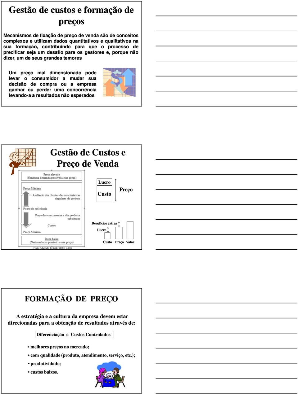 ganhar ou perder uma concorrência levando-a a resultados não esperados Gestão de Custos e Preço de Venda Lucro Custo Preço Benefícios extras Lucro Custo Preço Valor Fonte: Adaptado de Kotler (2003, p.