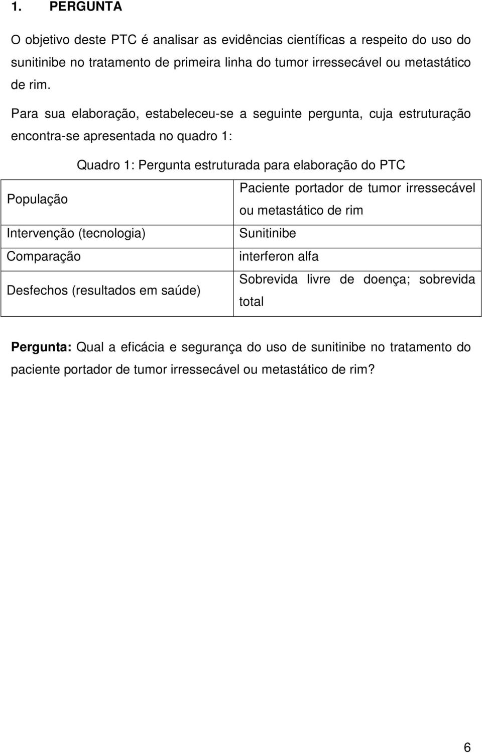 Paciente portador de tumor irressecável População ou metastático de rim Intervenção (tecnologia) Sunitinibe Comparação interferon alfa Sobrevida livre de doença; sobrevida