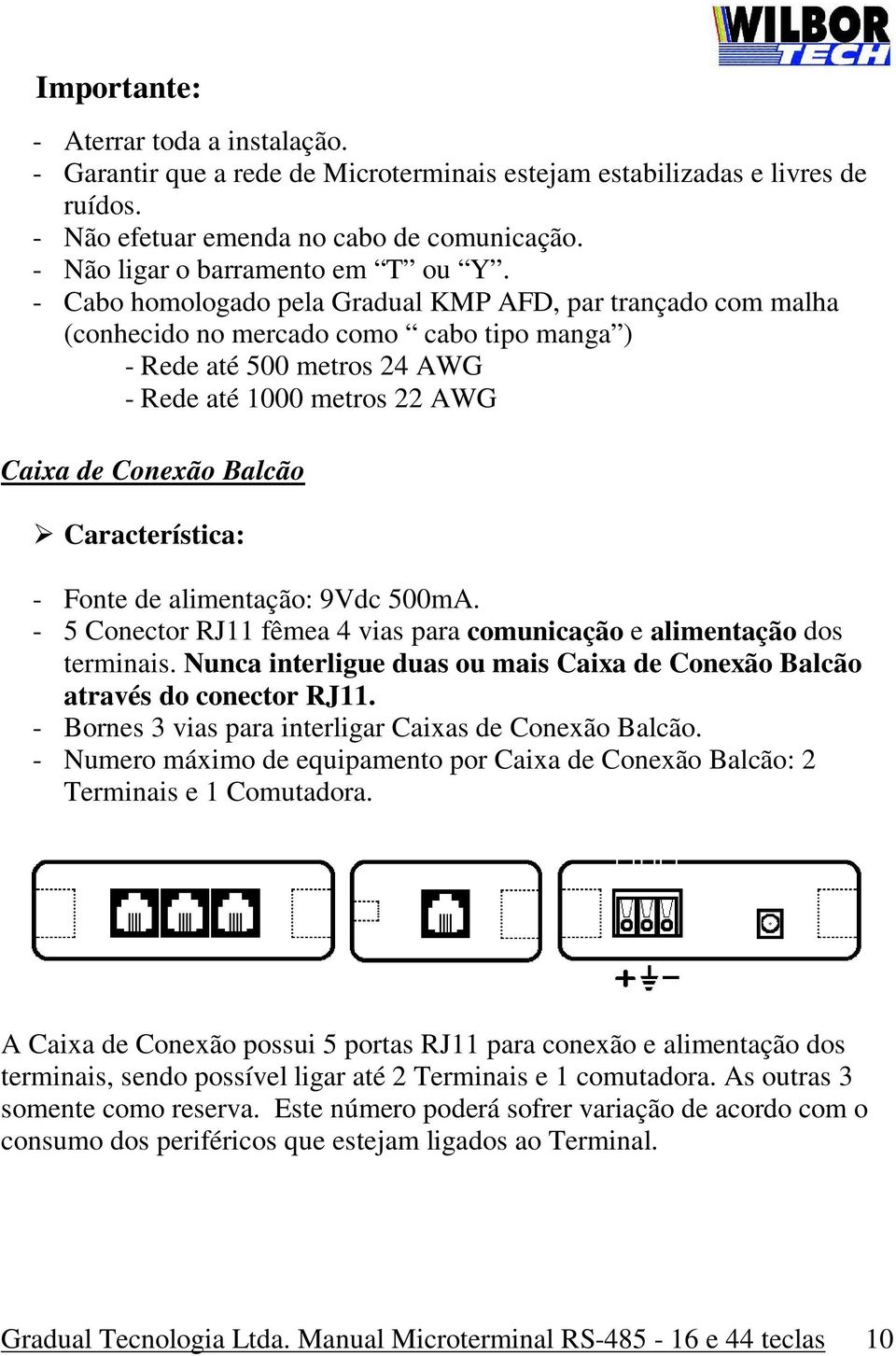 - Cabo homologado pela Gradual KMP AFD, par trançado com malha (conhecido no mercado como cabo tipo manga ) - Rede até 500 metros 24 AWG - Rede até 1000 metros 22 AWG Caixa de Conexão Balcão