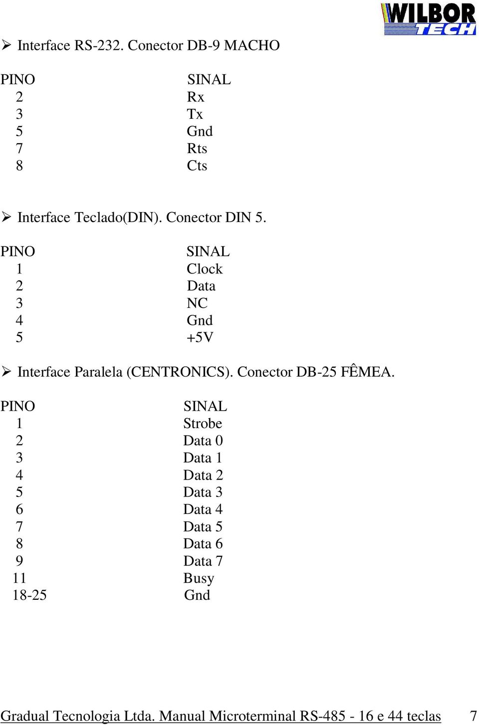 PINO SINAL 1 Clock 2 Data 3 NC 4 Gnd 5 +5V Interface Paralela (CENTRONICS). Conector DB-25 FÊMEA.