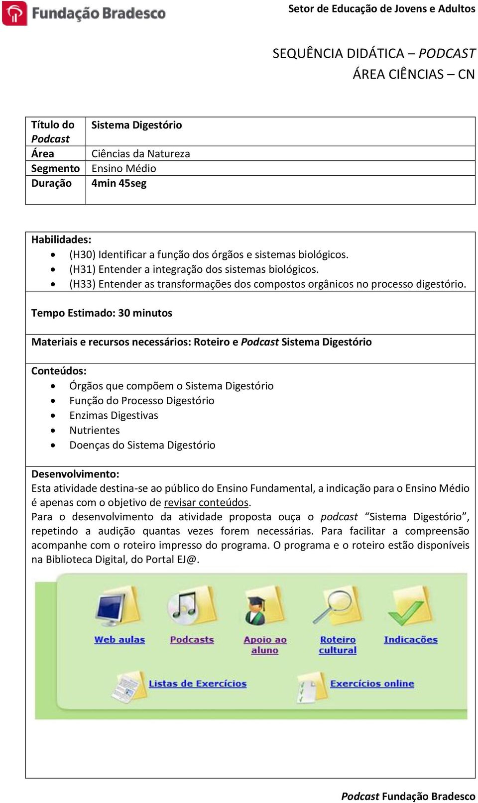 Tempo Estimado: 30 minutos Materiais e recursos necessários: Roteiro e Podcast Sistema Digestório Conteúdos: Órgãos que compõem o Sistema Digestório Função do Processo Digestório Enzimas Digestivas