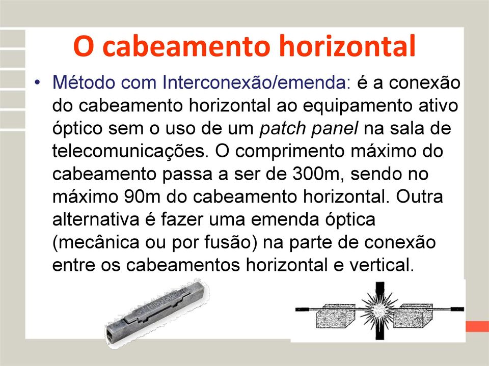 O comprimento máximo do cabeamento passa a ser de 300m, sendo no máximo 90m do cabeamento horizontal.