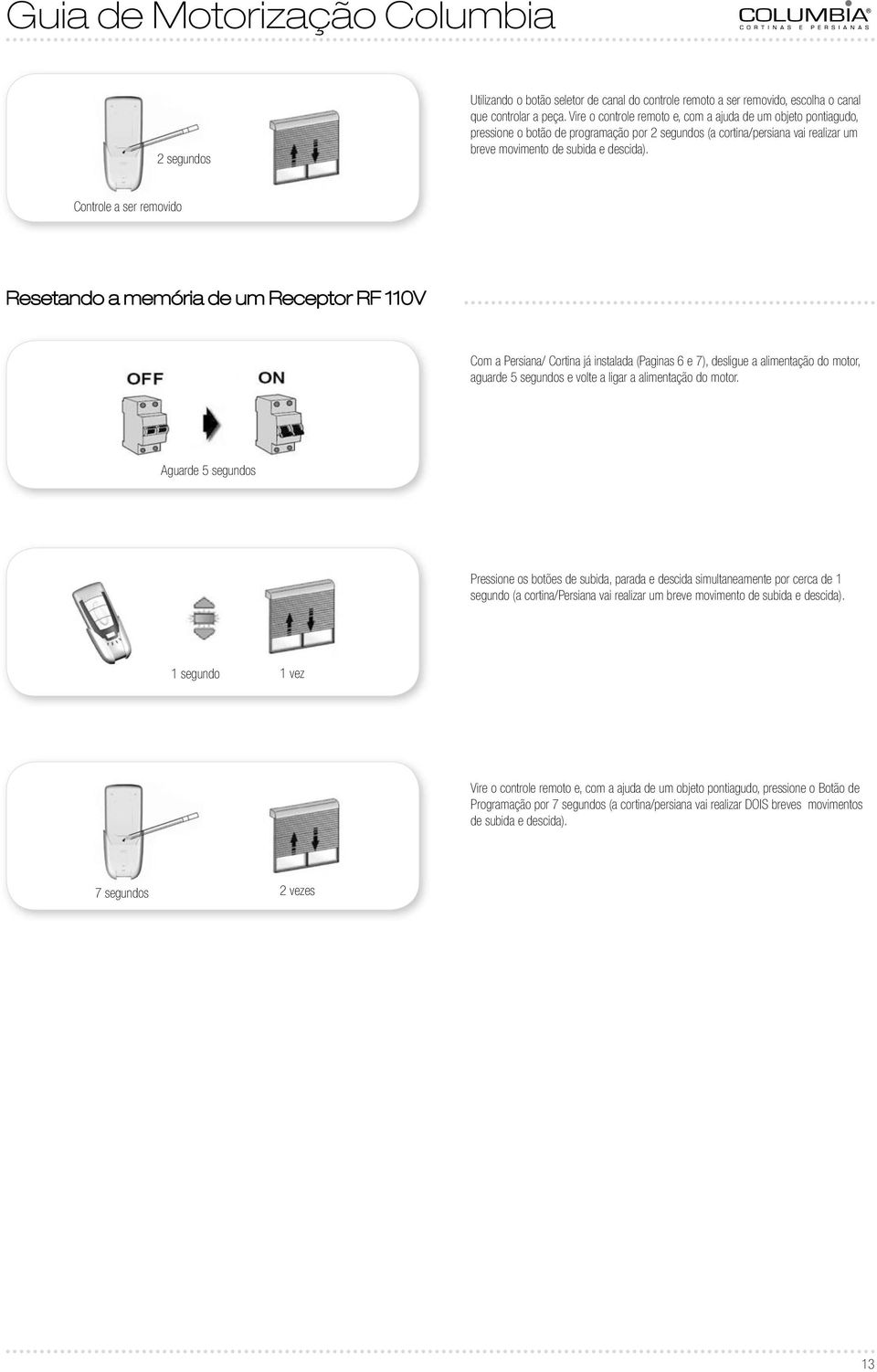 110V Com a Persiana/ Cortina já instalada (Paginas 6 e 7), desligue a alimentação do motor, aguarde 5 segundos e volte a ligar a alimentação do motor.