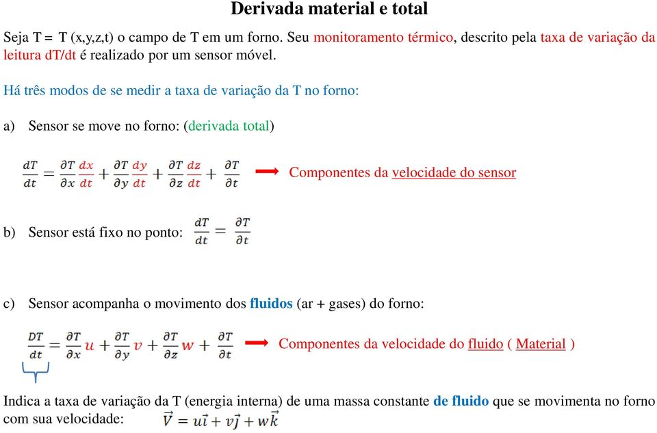 Há três modos de se medir a taxa de variação da T no forno: a) Sensor se move no forno: (derivada total) Derivada material e total Componentes da